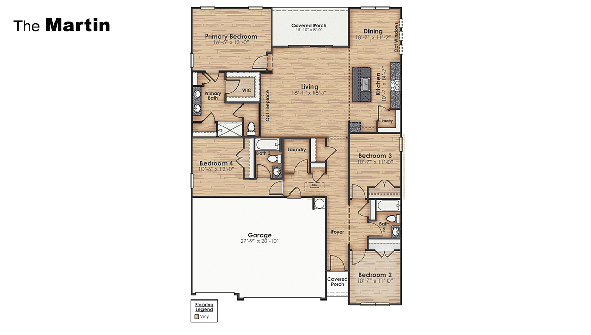The Martin floorplan truly has it all — three-car garage, the spacious first floor features three bedrooms, including a guest ensuite, a flex room with elegant French doors. Inside you will find 4 bedrooms, 3 baths and 1,941 square feet of living space.