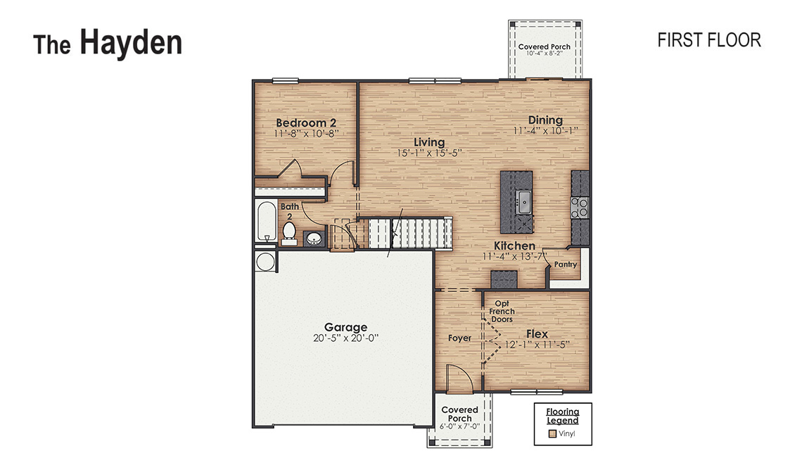 The Hayden offers 2,511 square feet with 5 bedrooms, 3 full bathrooms, flex room, two separate living areas, 2-car garage