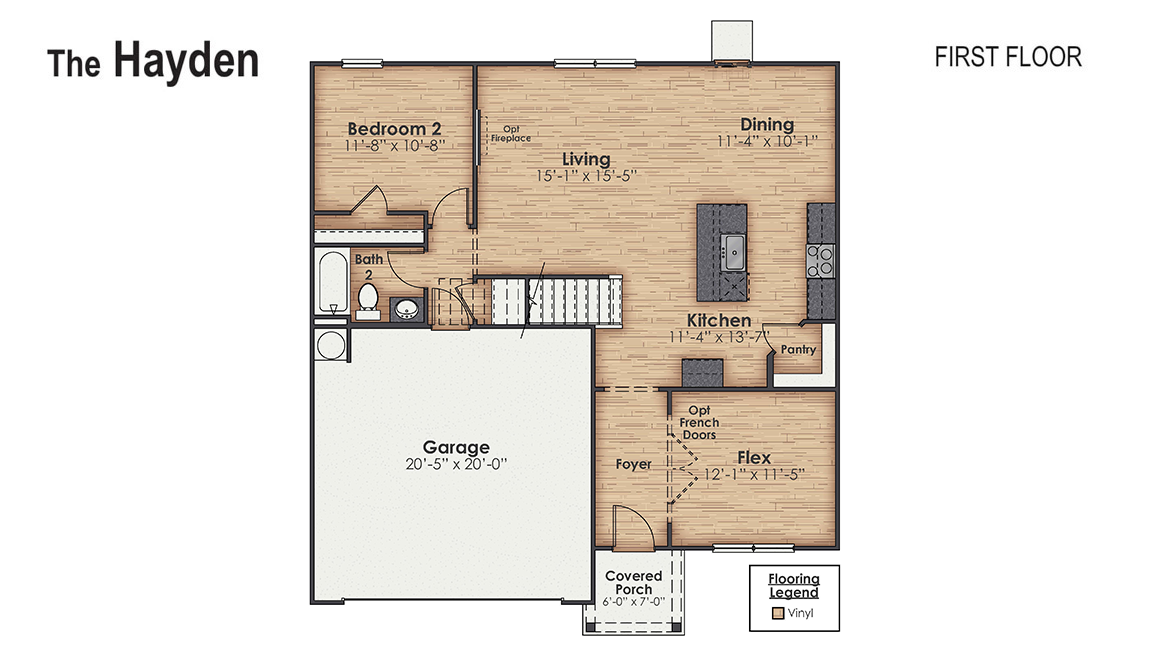 The Hayden offers 2,511 square feet with 5 bedrooms, 3 full bathrooms, flex room, two separate living areas, 2-car garage and is one of our two-story floorplans