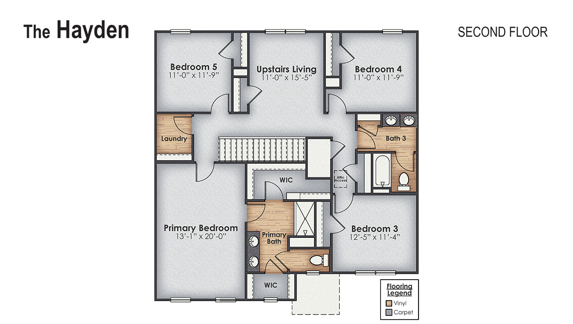 The Hayden offers 2,511 square feet with 5 bedrooms, 3 full bathrooms, flex room, two separate living areas, 2-car garage and is one of our two-story floorplans