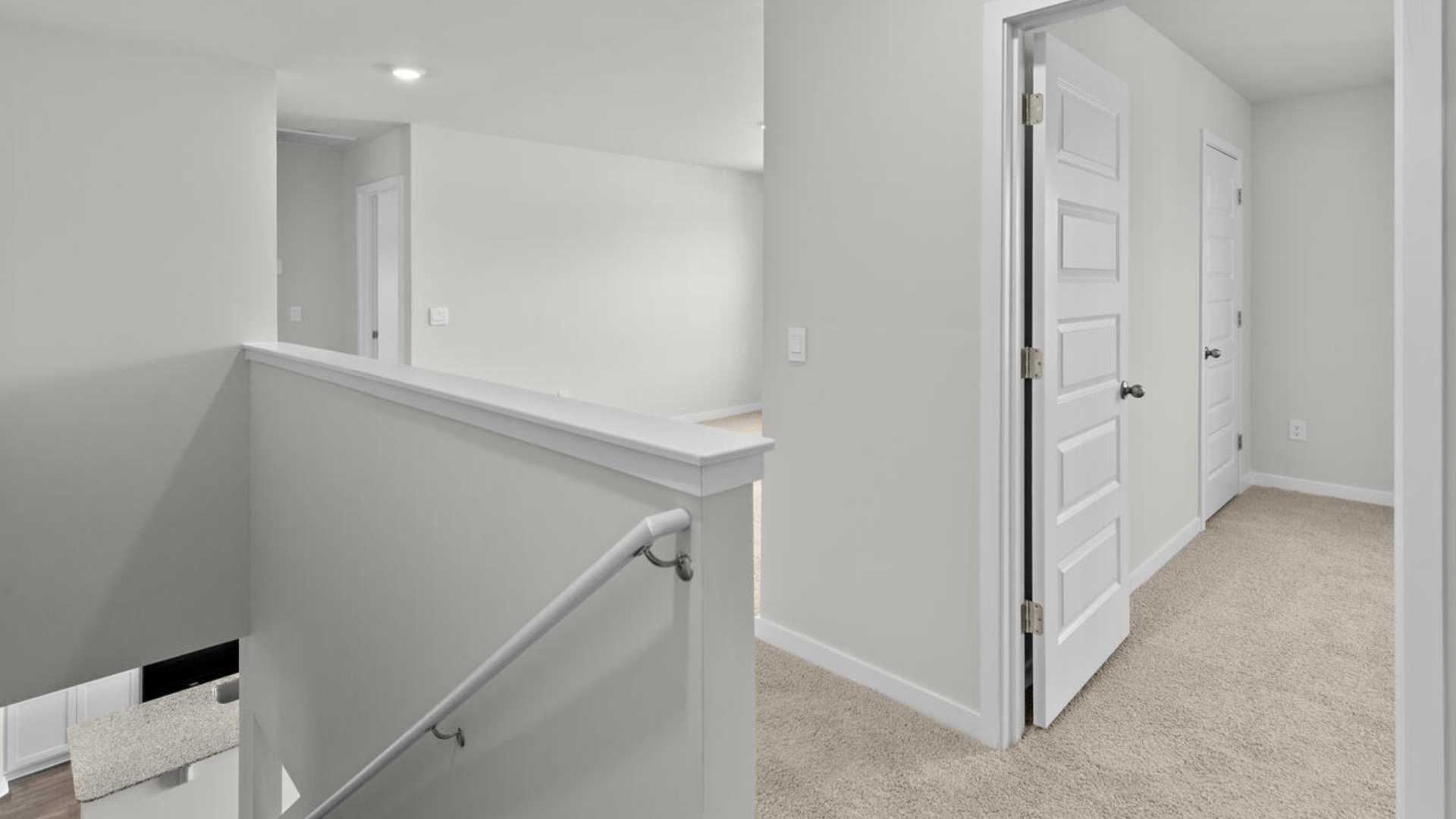 The upstairs has an additional living space, a laundry room, and a primary bedroom