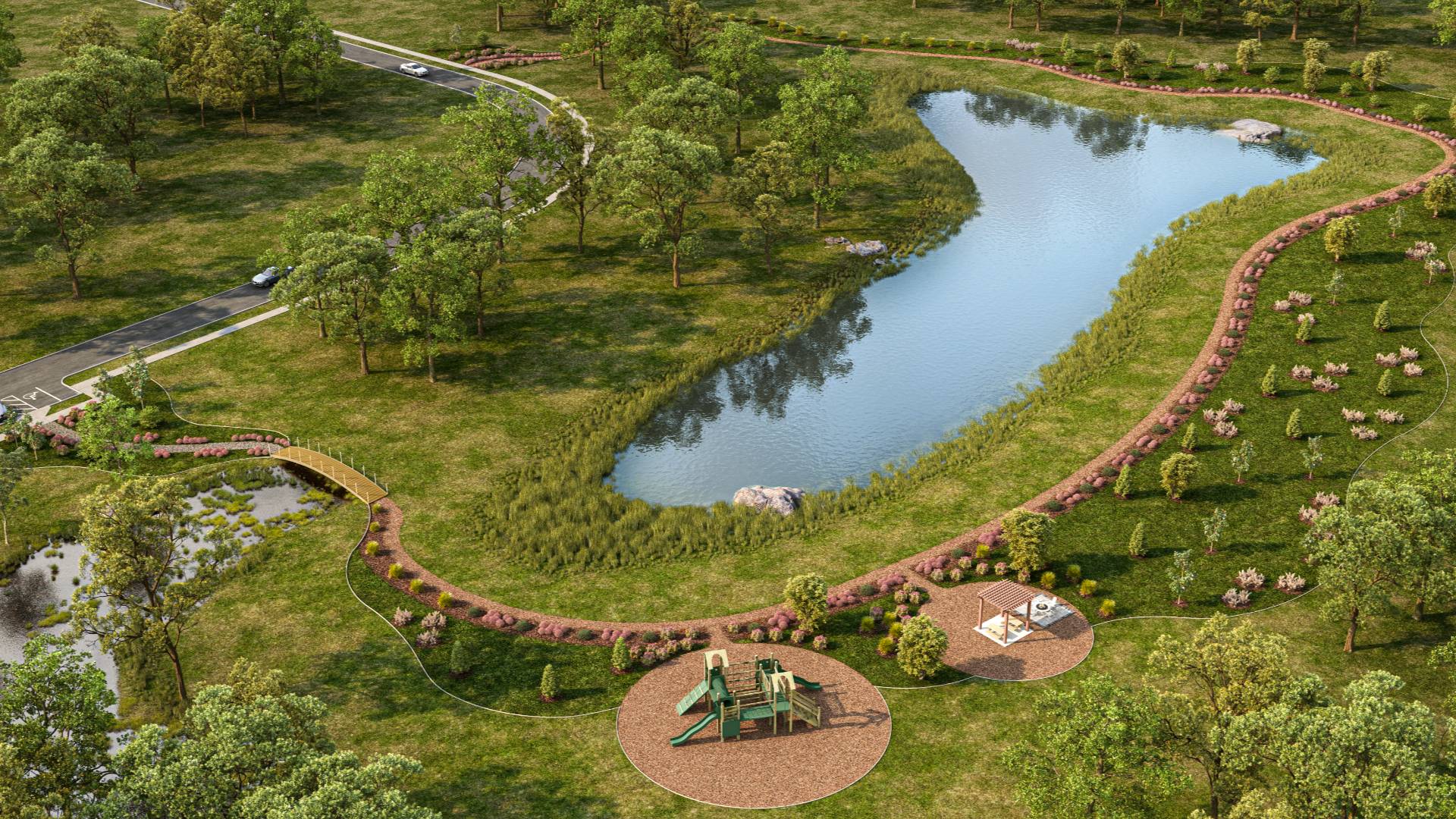 Homeowners will enjoy the several community tranquility parks which provides a place to relax and unwind. A great addition is the playground, pergola and firepit for to gather and spend time with family and friends. If you are looking for some exercise, there will be a walking trail around the pond.