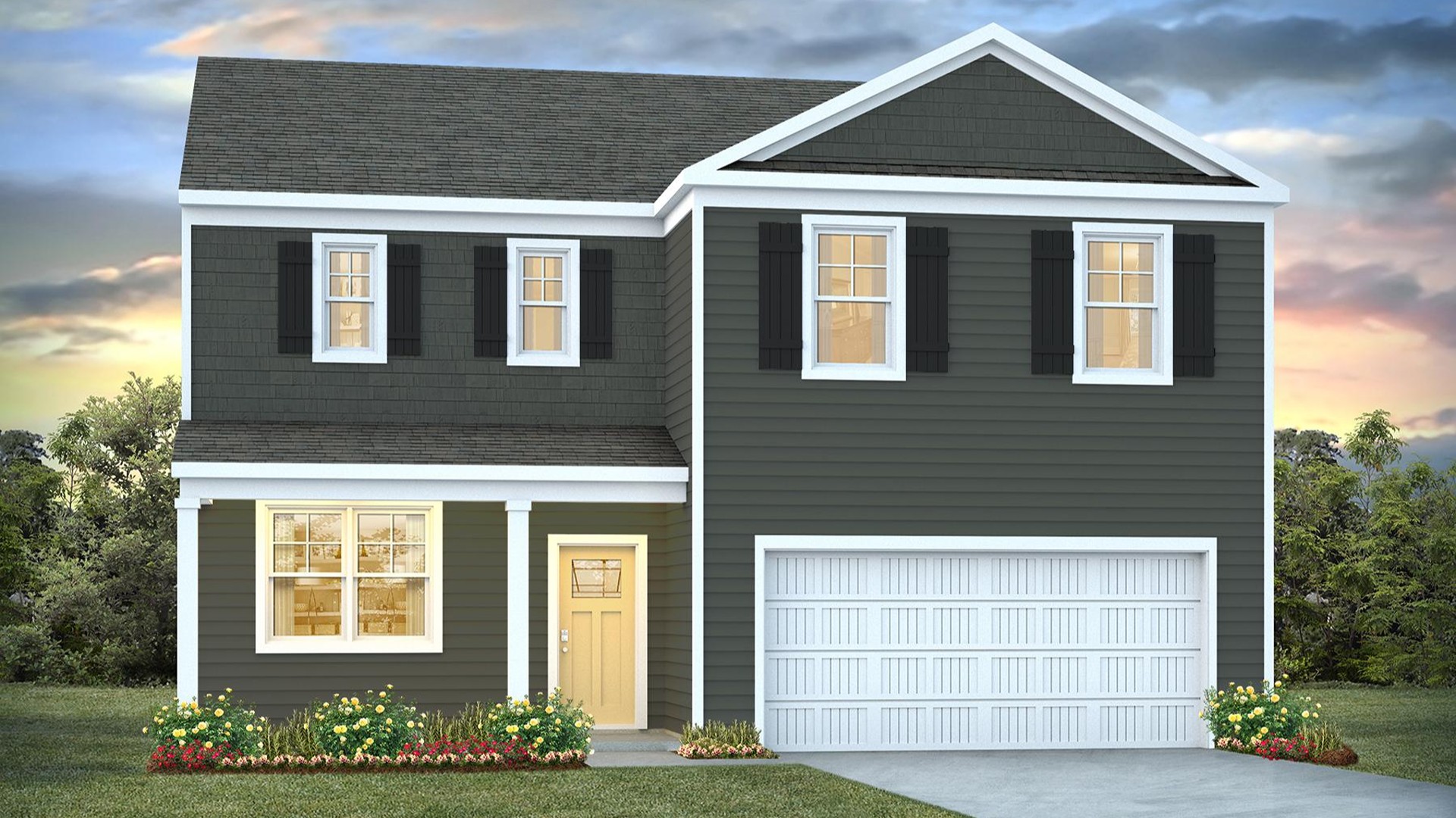 The Galen is a 2,340 sq ft home featuring 4 Bedrooms and 2.5 Baths. Its open-concept design includes a kitchen with granite countertops and stainless steel appliances, an island, and a walk-in pantry, while the large Great Room is ideal for entertaining.