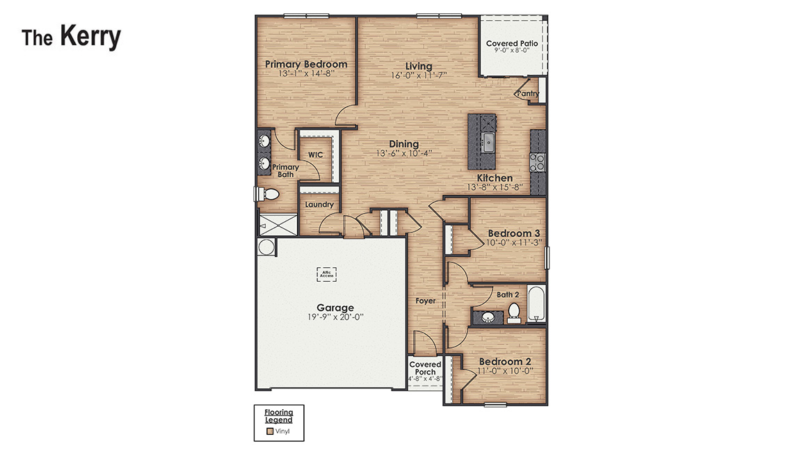The Kerry floor plan featured in our Driftwood community in Richlands, North Carolina offers open living space with 3 bedrooms, 2 baths, 1,476 sq ft and a 2-car garage.
