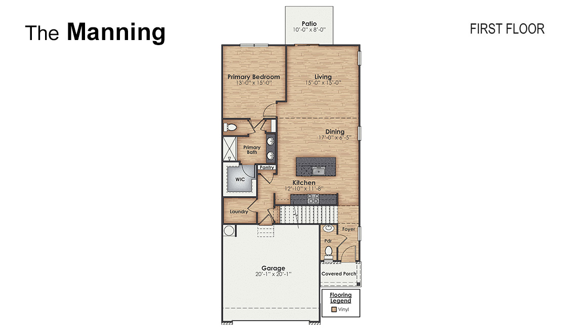 This is a 4-bedroom, 2.5-bathroom home with a 2-car garage, and it has the primary suite on the main level. Entering the great room we find the dining area, family room and a wonderful cook's kitchen are all together for open living.