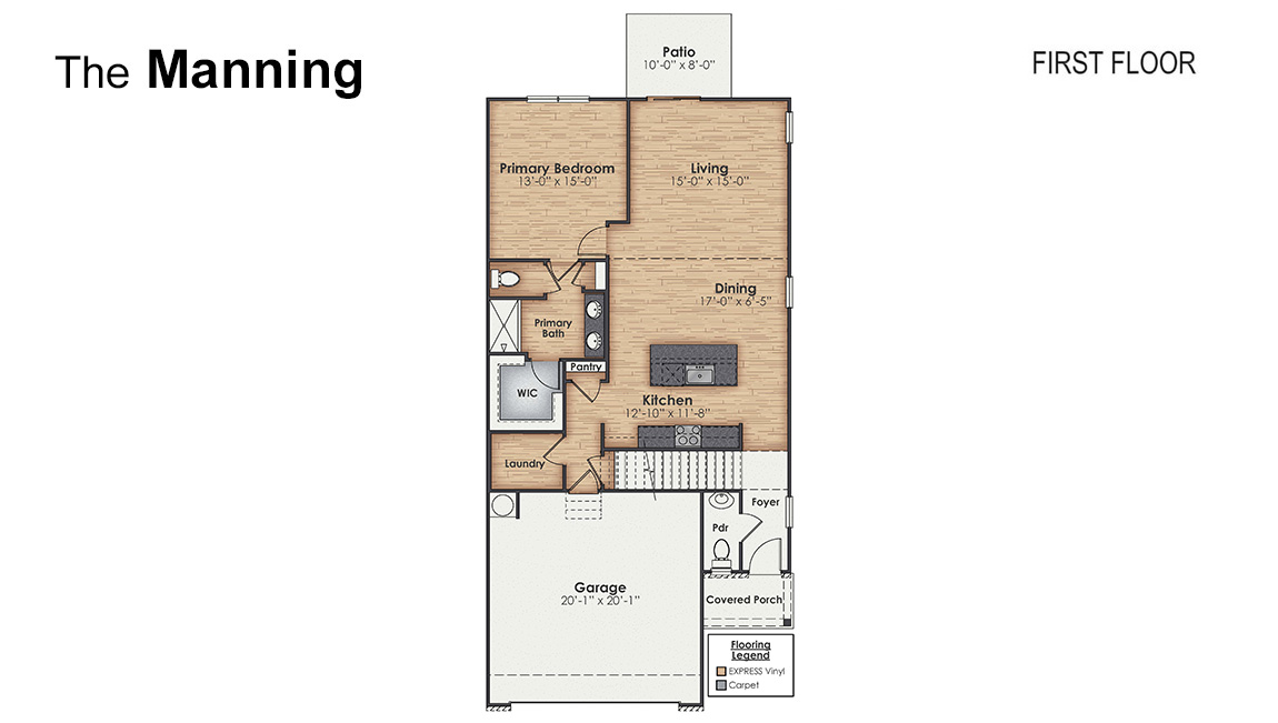 This is a 4-bedroom, 2.5-bathroom home with a 2-car garage, and it has the primary suite on the main level. Entering the great room we find the dining area, family room and a wonderful cook's kitchen are all together for open living.