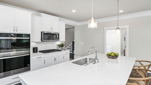 The island creates ample extra countertop space.