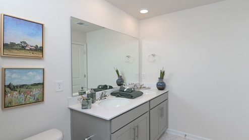 Bathroom 2 with double sinks and gray cabientry.