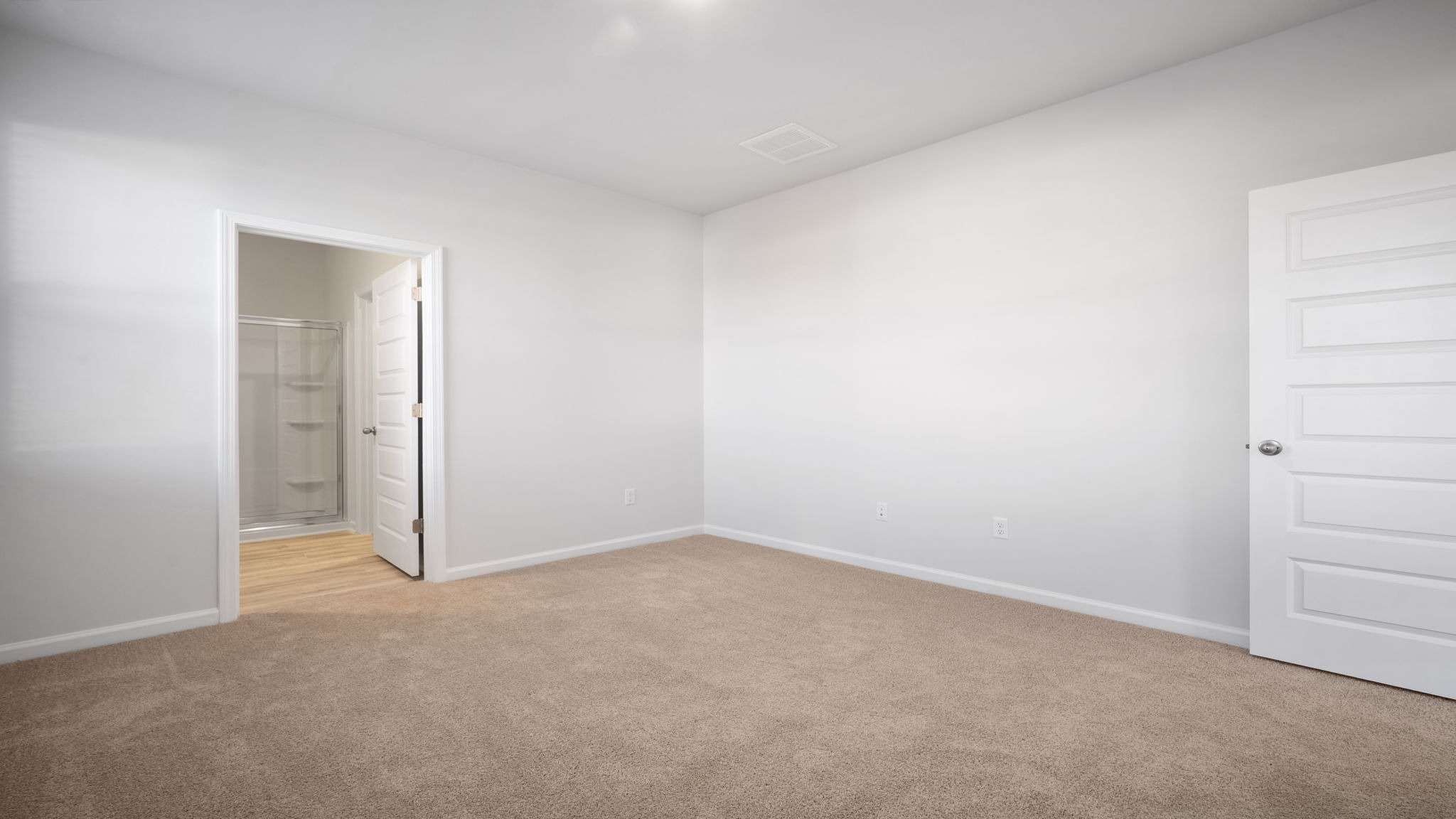 Carpet flooring and a private walk-in closet in primary bedroom
