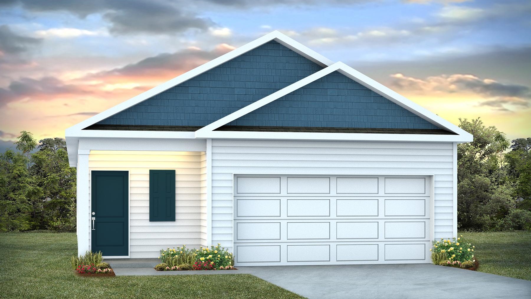 The downing B elevation features a 2-car garage.