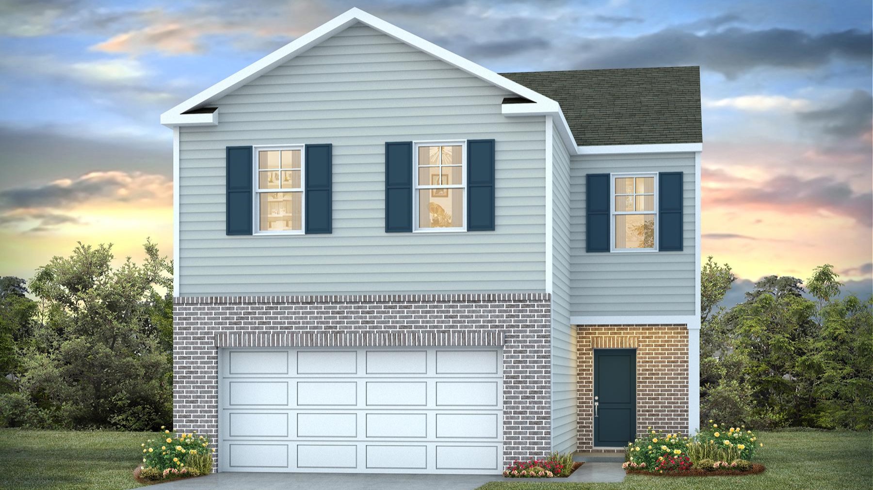 Aisle floorplan for sale in Grand Oaks with partial brick siding and 2 stories