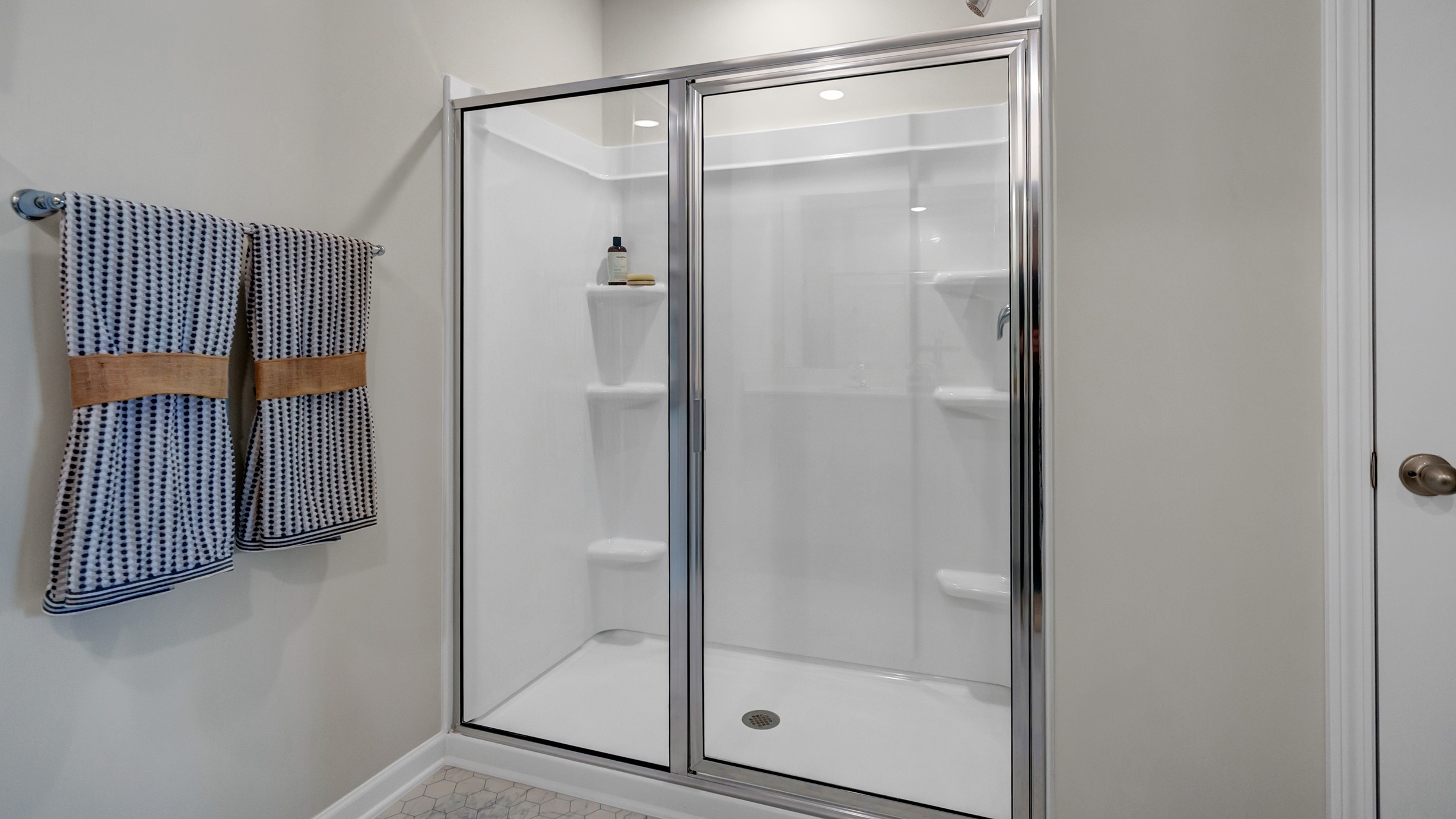 Standup primary shower with glass doors