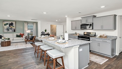 Open concept kitchen and living areas.