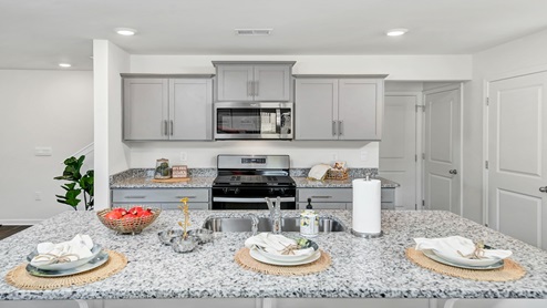 There are stunning granite countertops in the kitchen space.