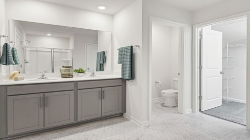 Primary bathroom with double sinks and gray cabinetry.