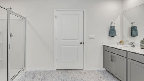 Primary bathroom with double sinks and gray cabinetry.