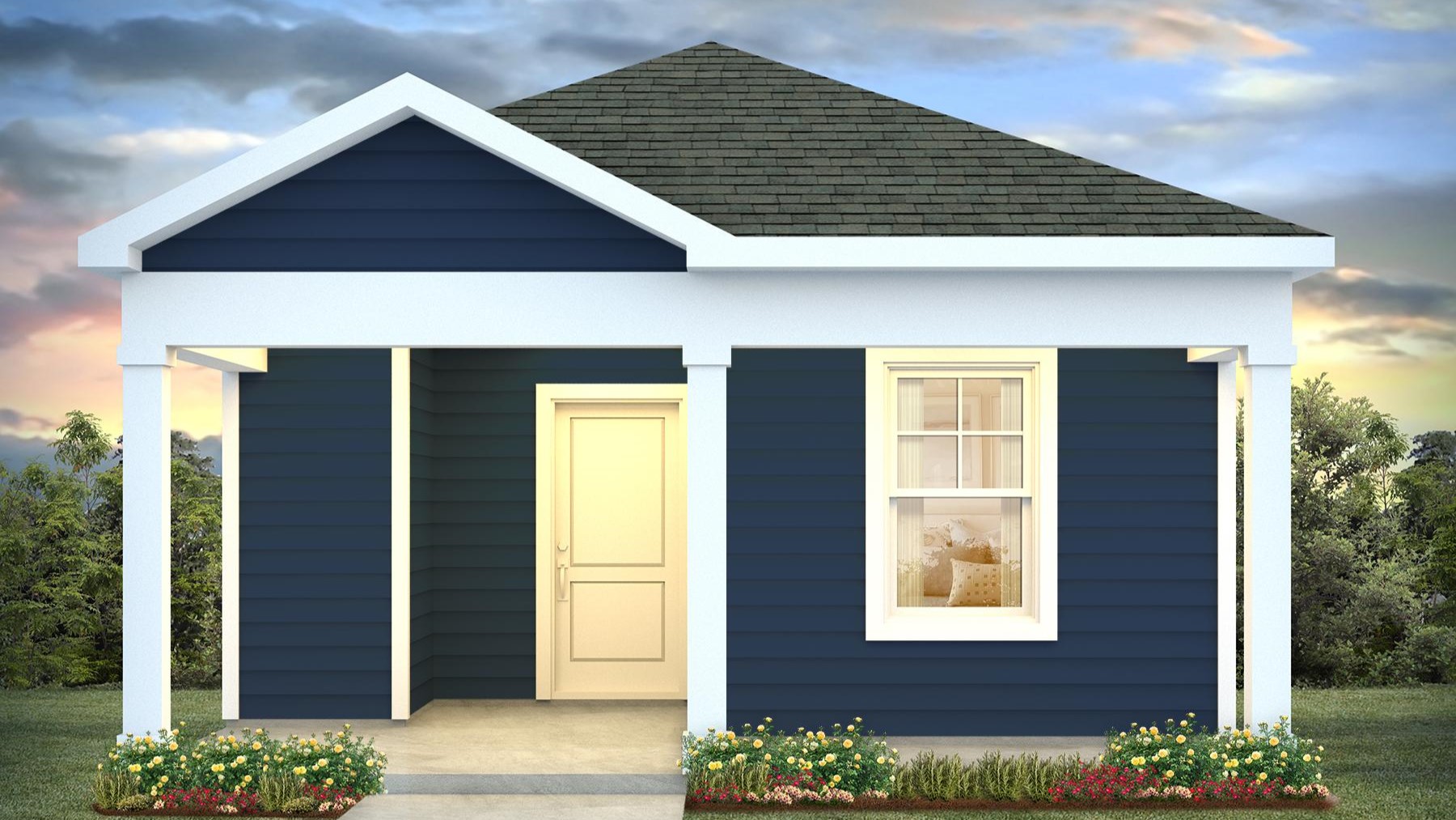 Covered front porch on the Hannah elevation E new construction home in Orangeburg, SC