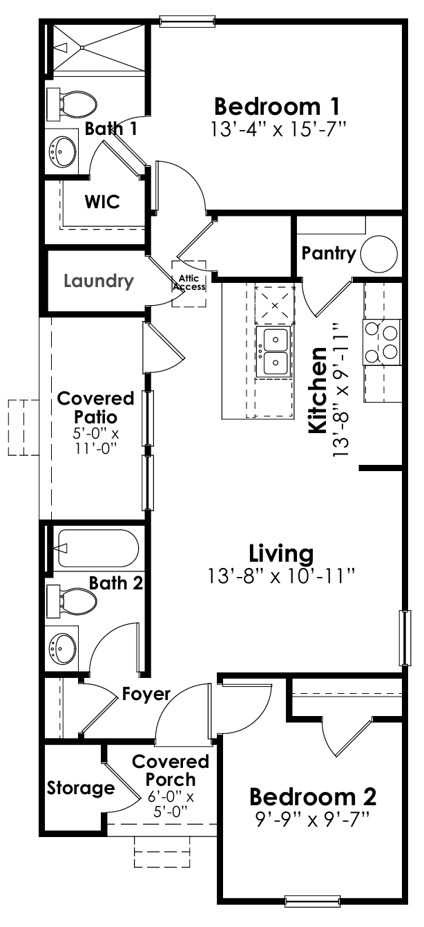 Single-story Hannah floorplan image with 2 bedrooms and 2 bathrooms