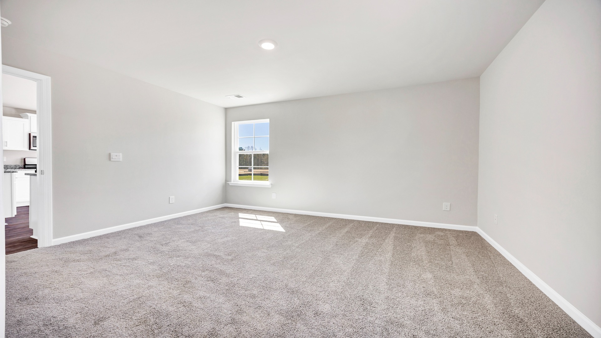 Carpet flooring and neutral painted walls in primary bedroom