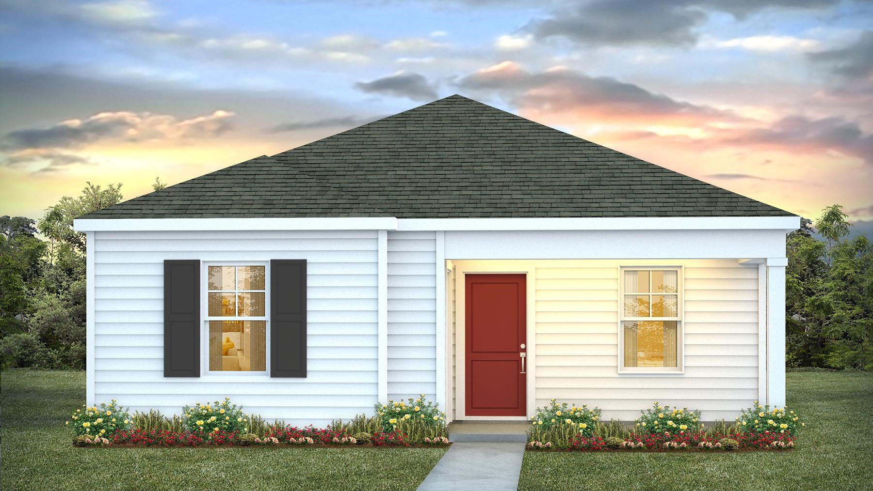 Single story home with a red front door.