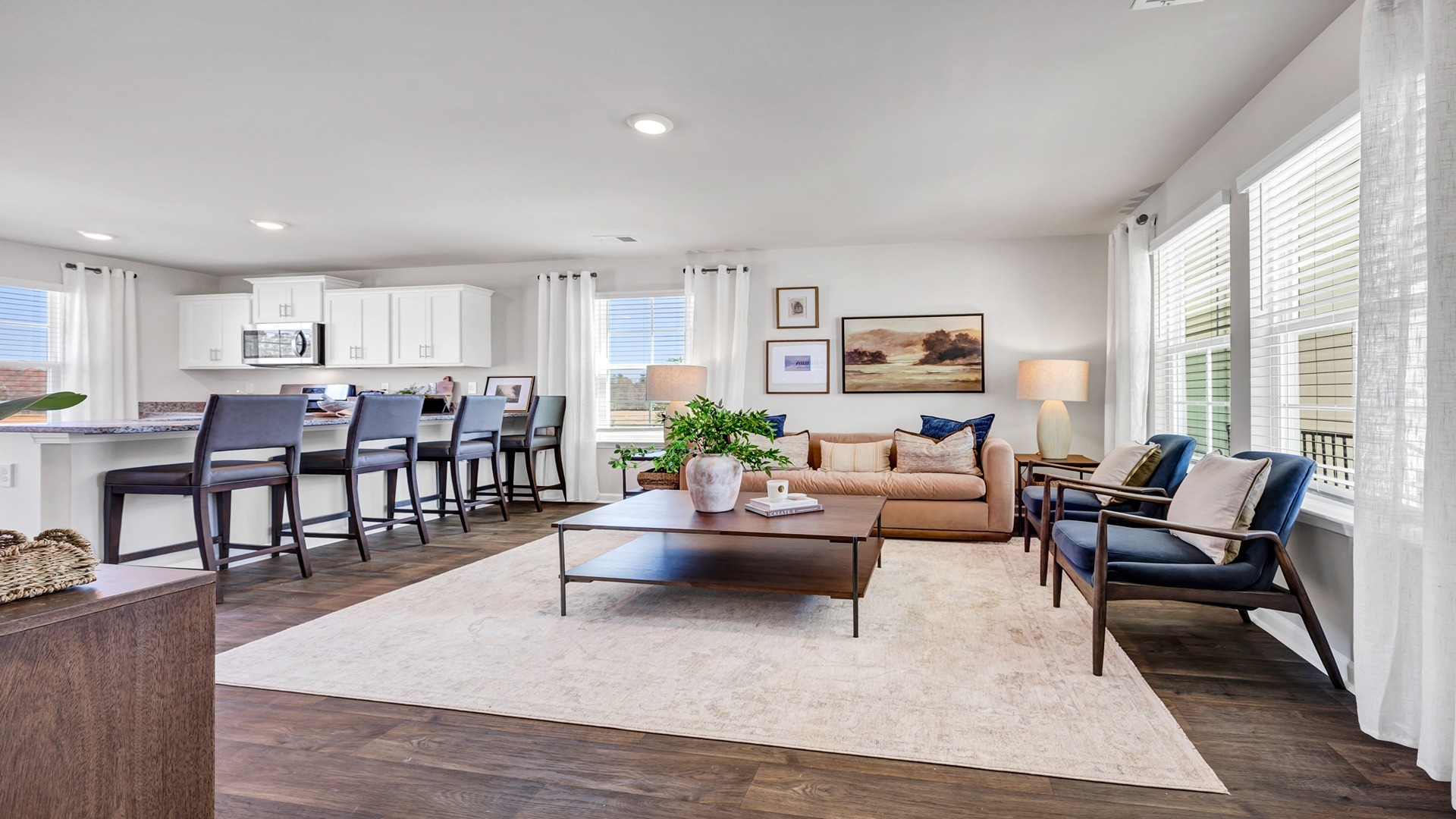 Kitchen and living areas are open concept design