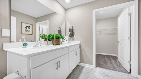 The primary bathroom features double sinks and a walk-in closet.