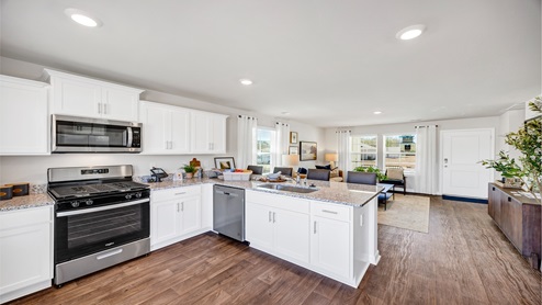 The kitchen, dining, and living spaces are open concept design.