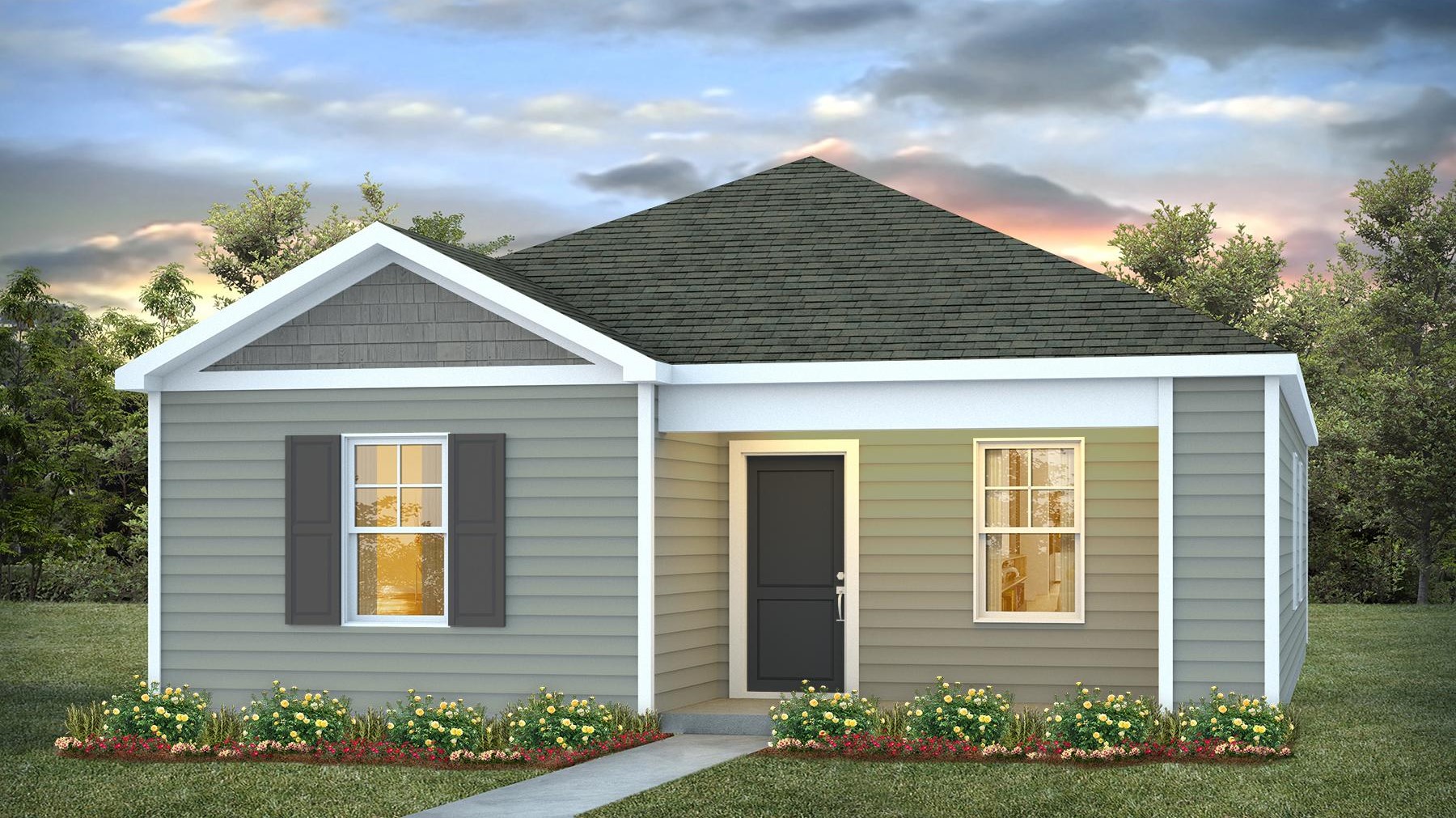 Single story Lewis floorplan with covered front porch for sale in The Park at Wilkinson