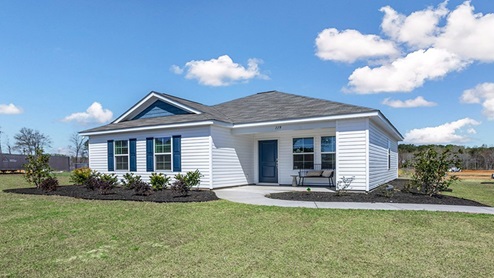 The Model Home features white and blue exterior colors.