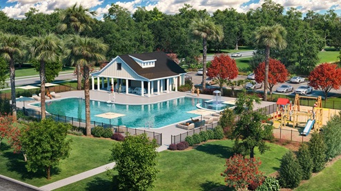 Pool, cabana, and playground amenity rendering for Ferry Grove.