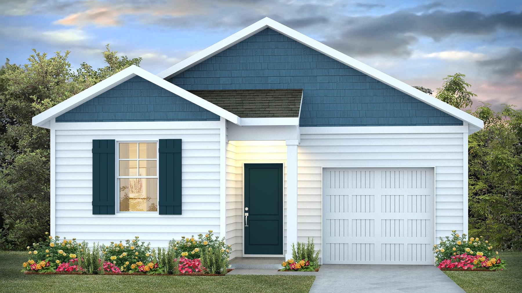 Devon B elevation with a 1-car garage.