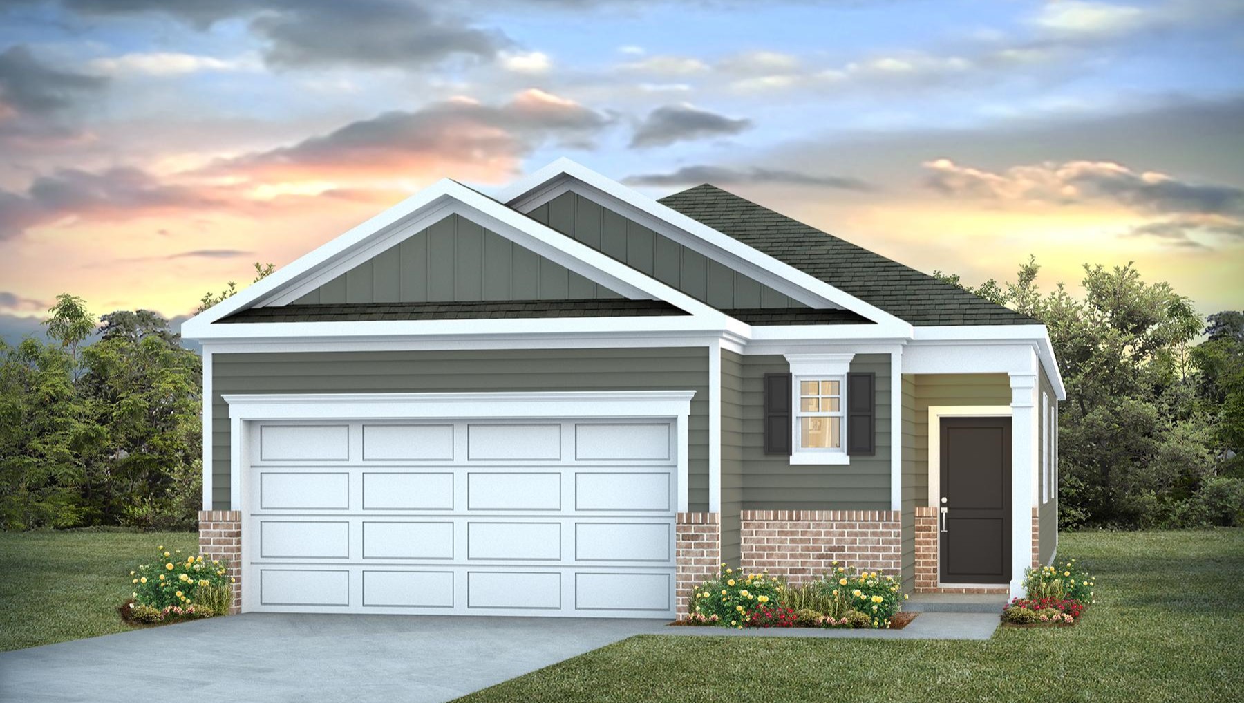 Single-story home for sale with deep green exterior & a 2-car garage