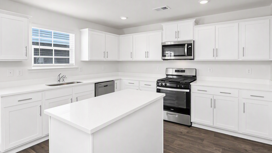 Modern kitchen in new home for sale with white cabinets and white quartz countertops