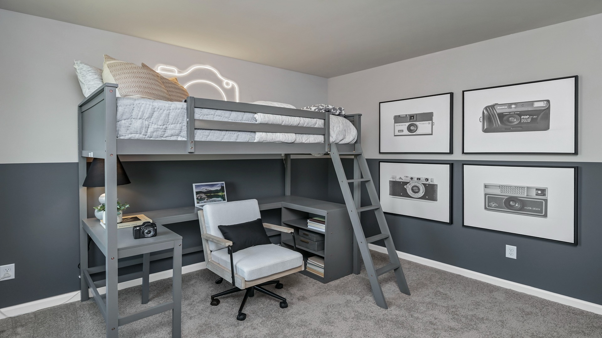 Bedroom 5 with carpet floors and staged bunk beds