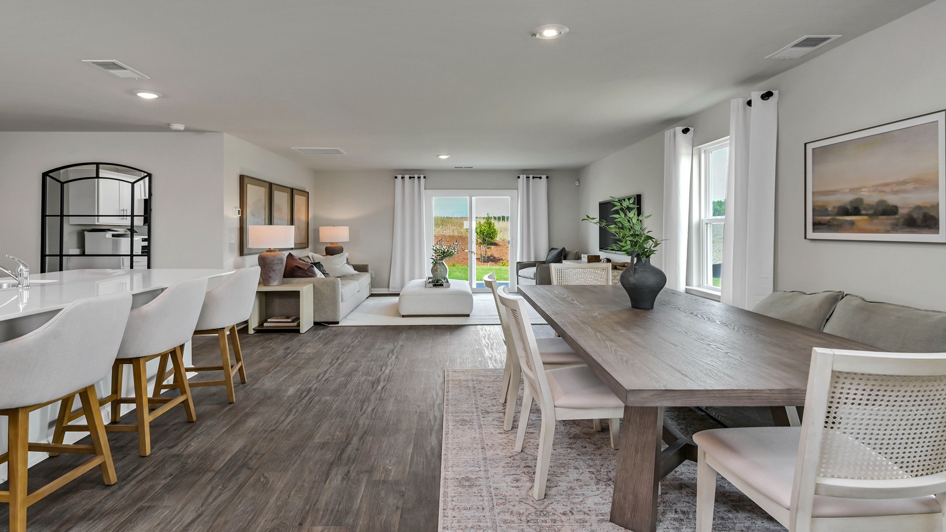 Open first floor of the Robie including the dining, kitchen, and living areas