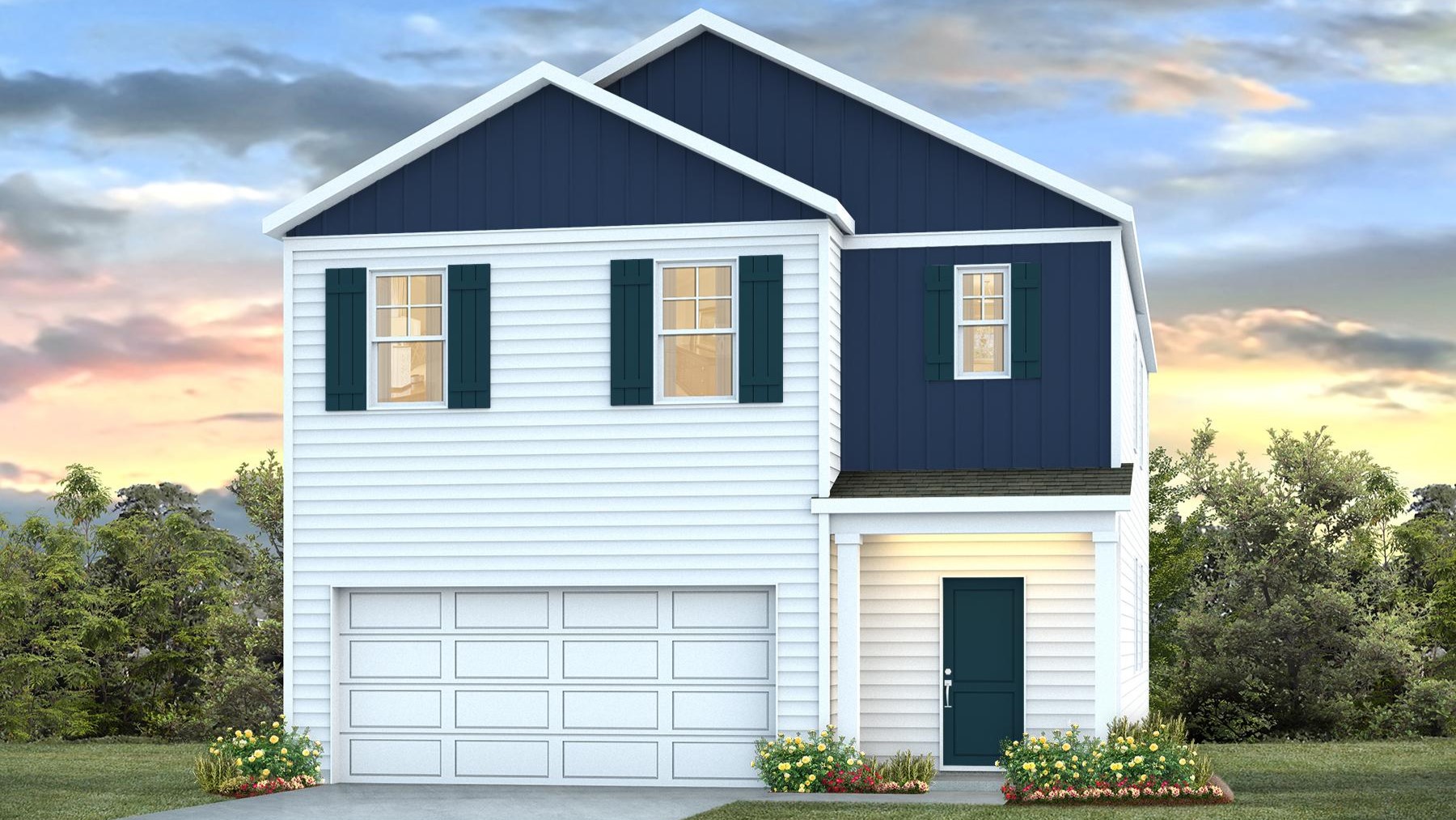 5-bedroom home for sale with a 2-car garage, white and navy blue exterior, and 2 stories