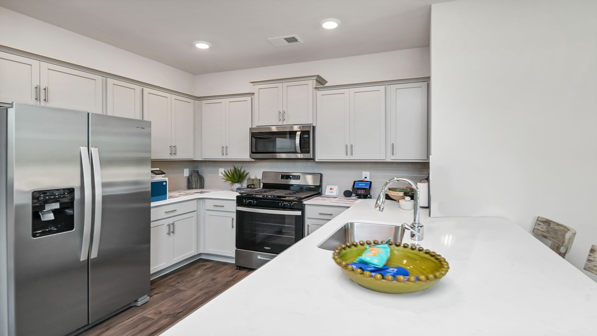Gray cabinetry in the kitchen
