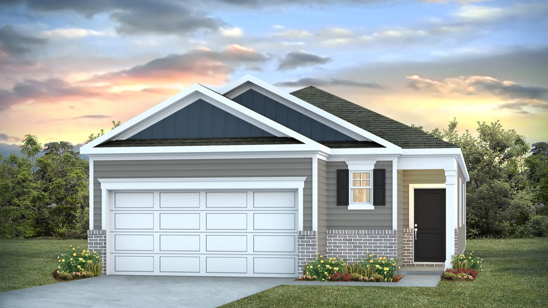 The Allex G features partial brick exterior and a 2-car garage
