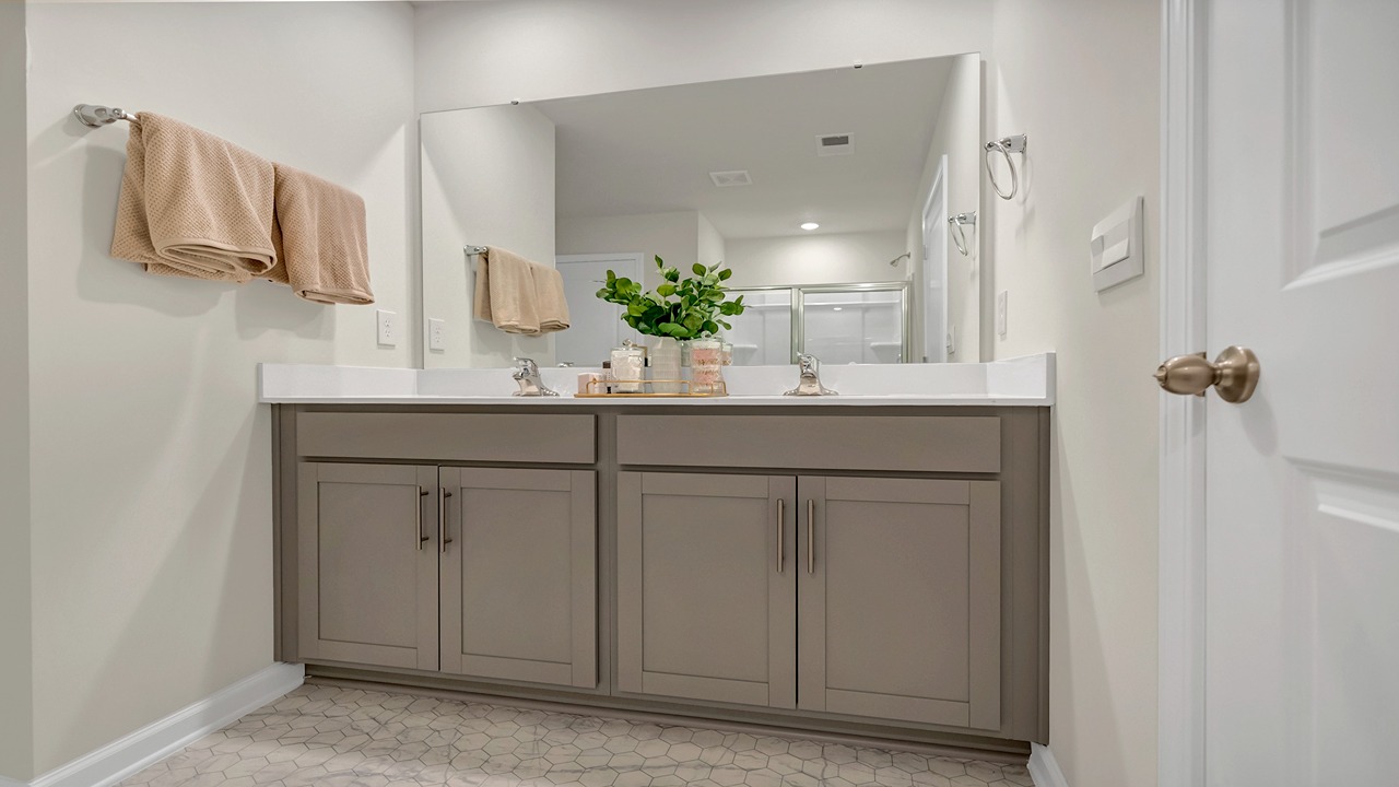 Double vanity and cabinet storage in primary bathroom