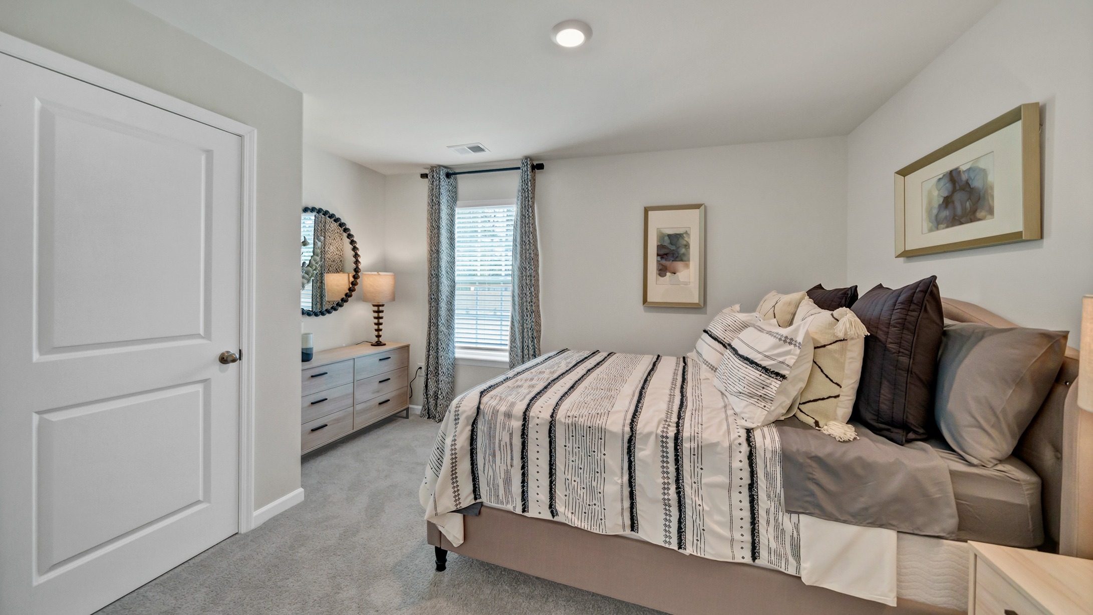 Carpet flooring and private closets in the bedrooms of the Robie