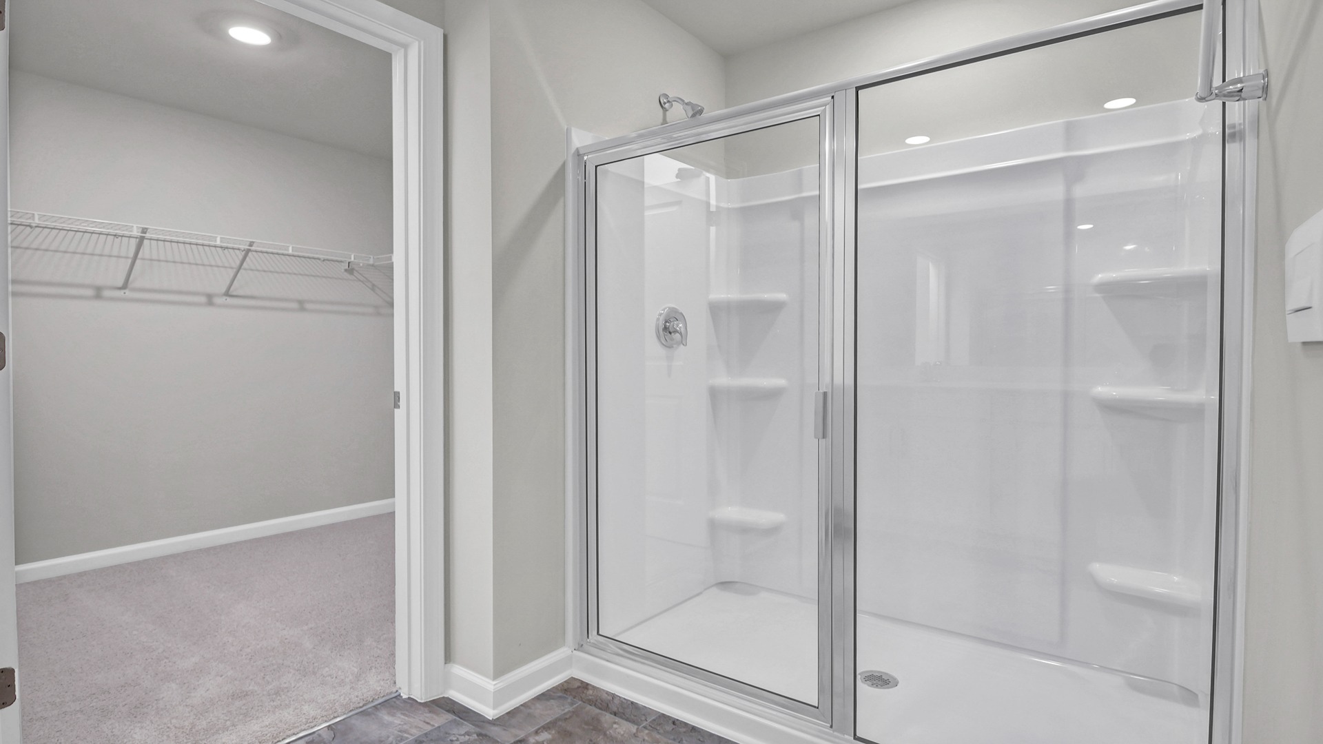 Walk-in closet and standup shower with glass front