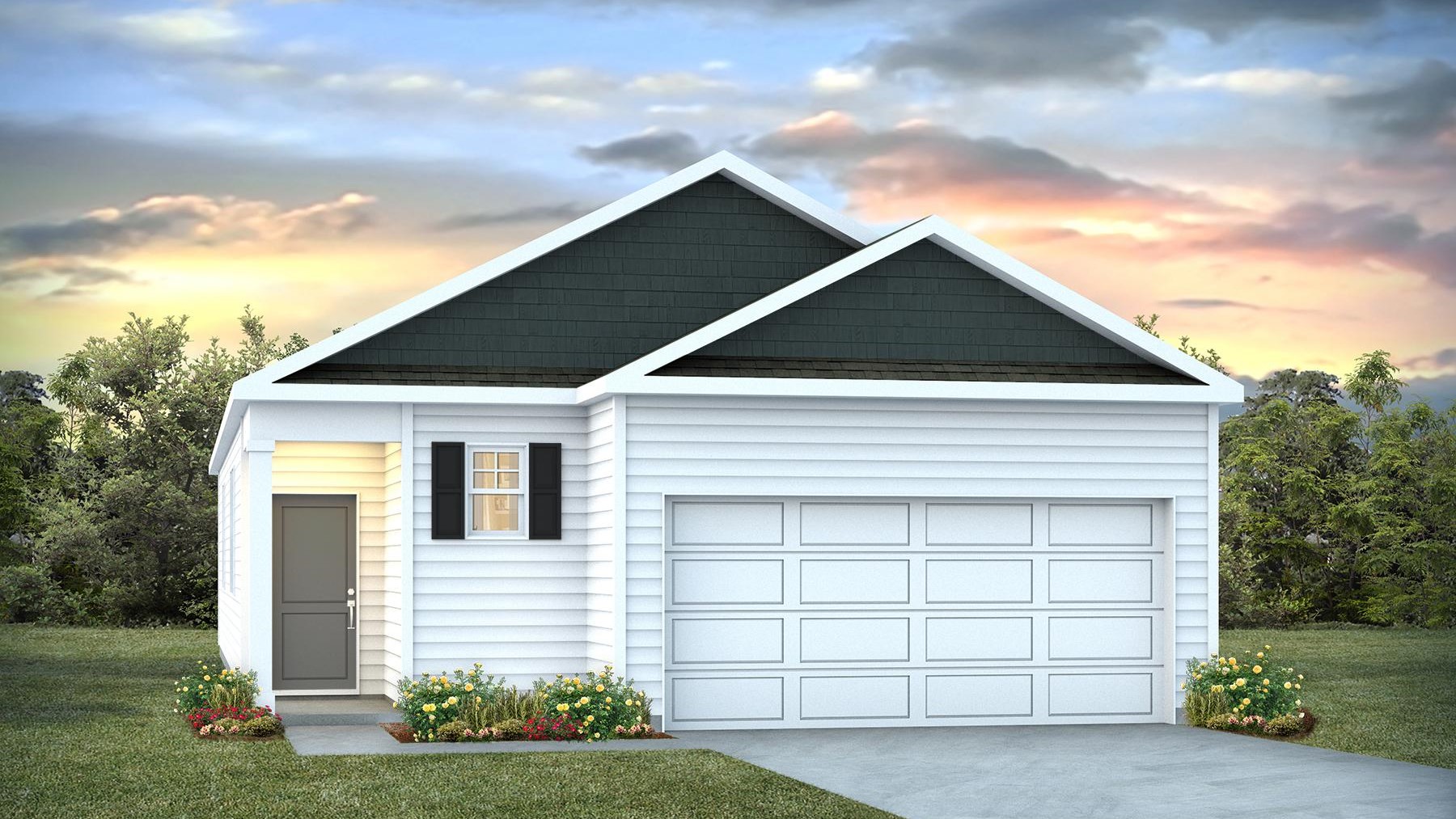 One-bedroom home for sale in Gilbert, SC with a 2-car garage and white Hardie Plank siding