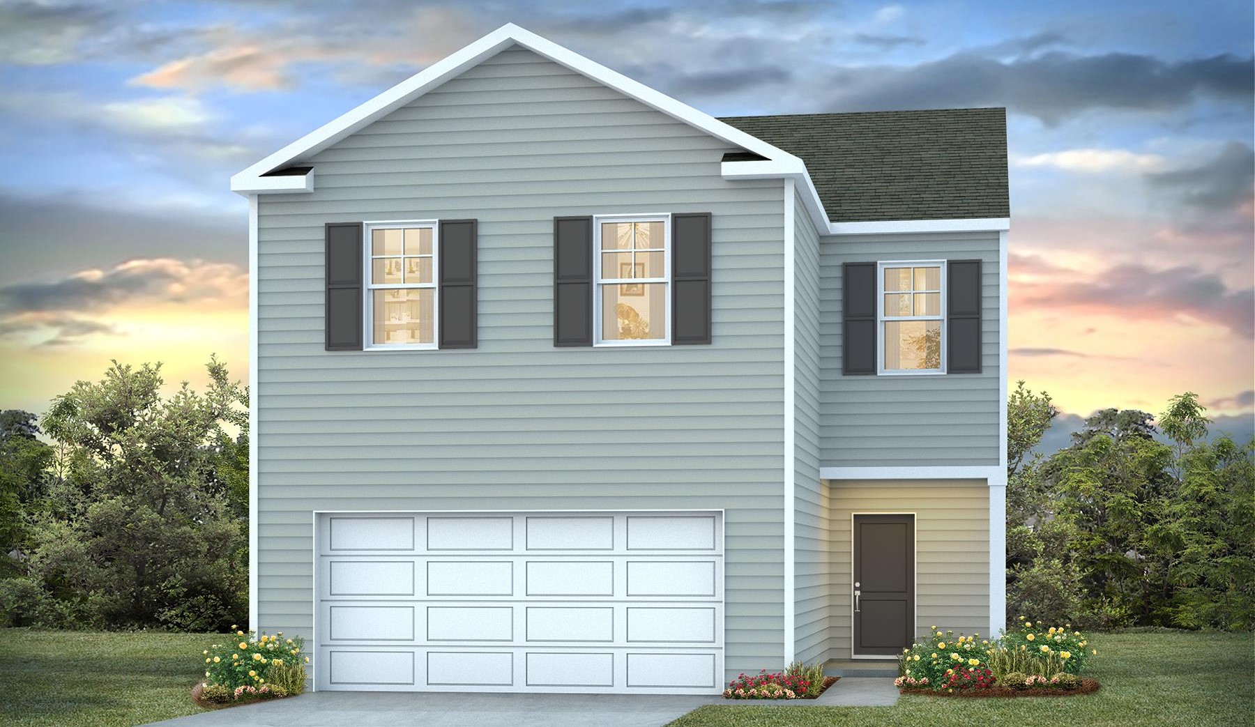 Aisle A elevation with a covered front entry and a paved back patio