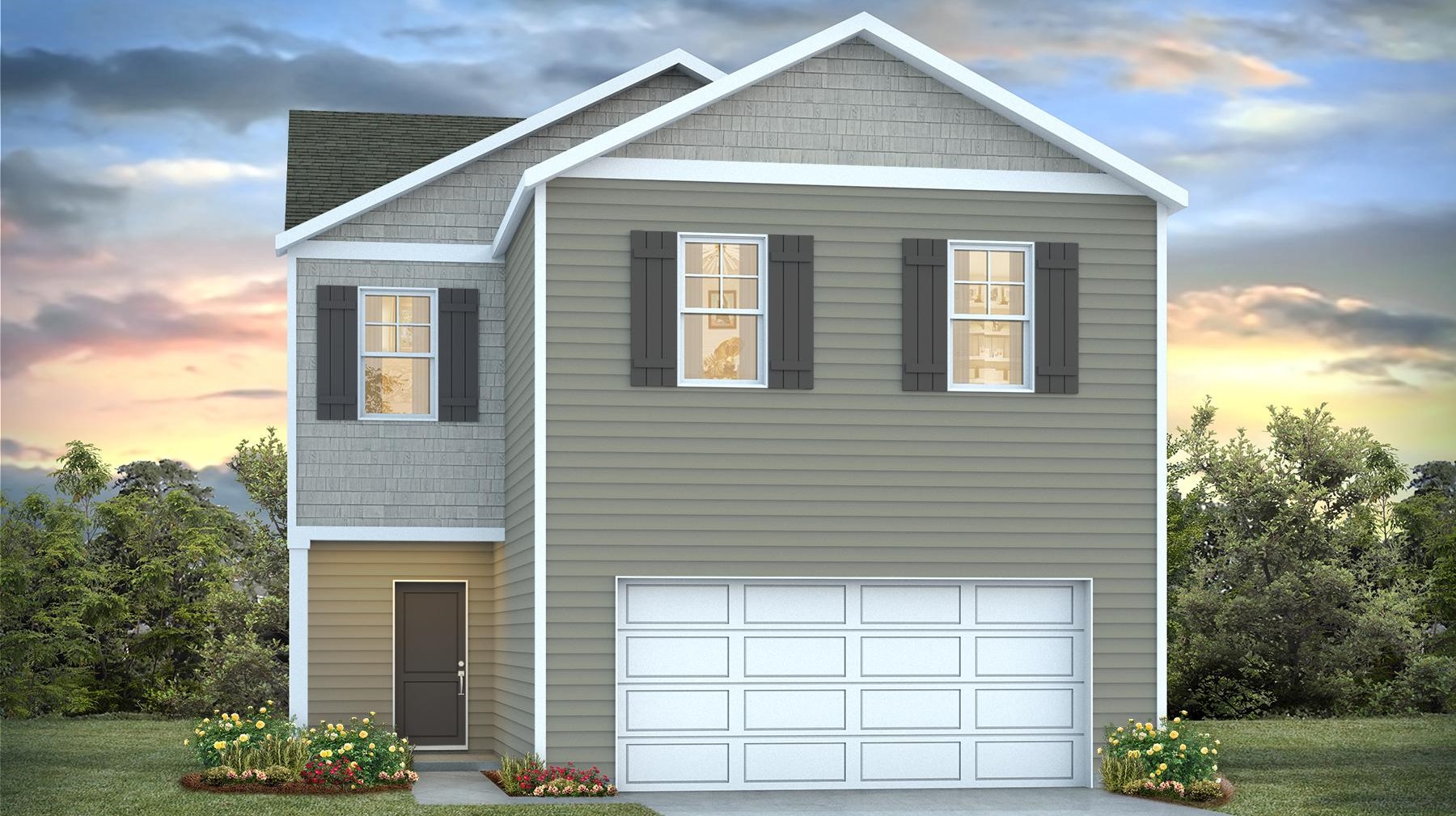 Aisle B with Hardie Plank siding and a 2-car garage