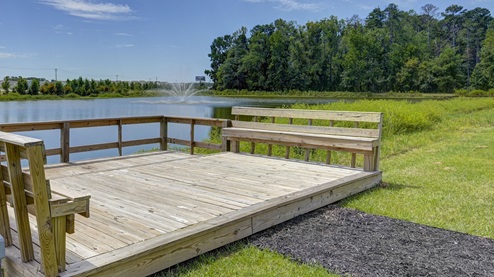 Wooden dock with bench seating