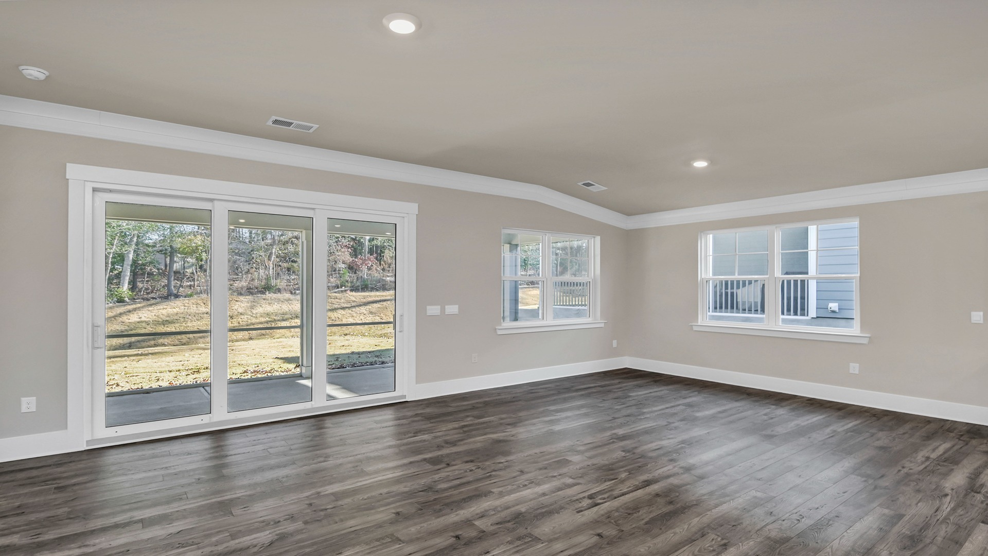 Completely open dining and living spaces in the Eaton with lots of natural light
