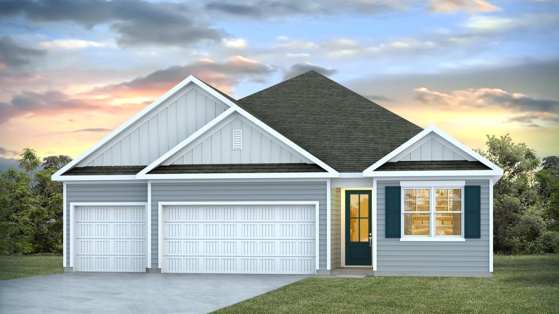Single-story new construction Madison floorplan elevation E with Hardie Plank siding for sale in Chapin, SC