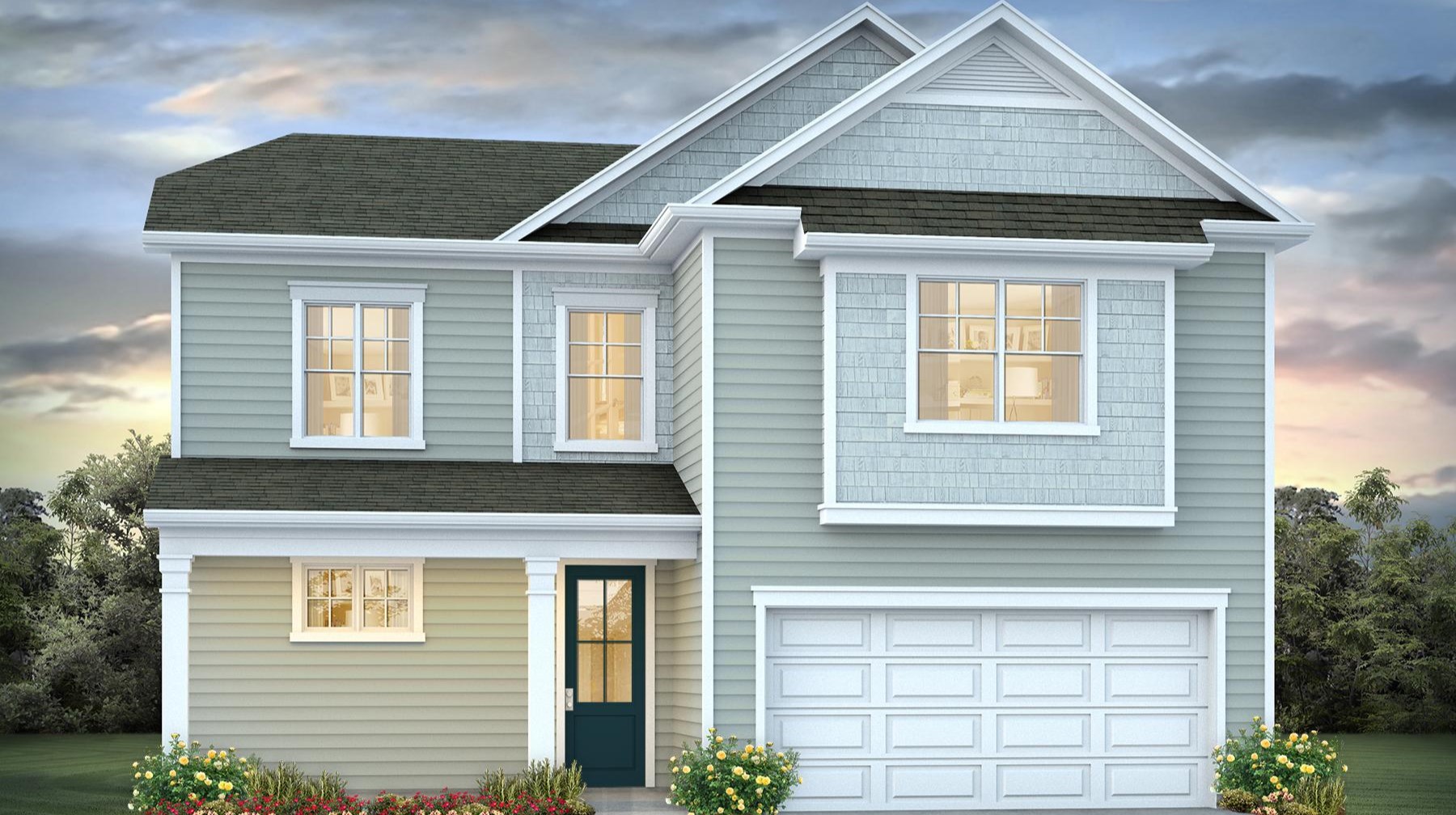 Belfort E elevation with a 2-car garage and Hardie Plank siding for sale in Chapin, SC