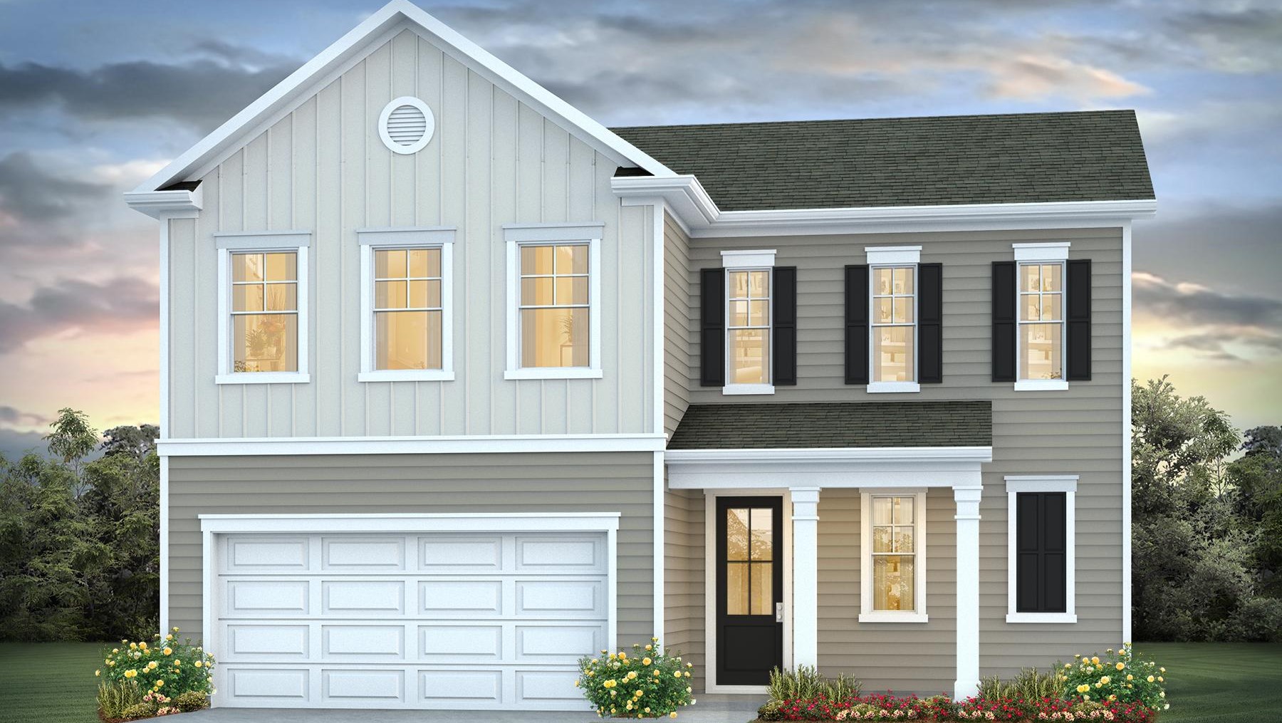 Two-story Belfort floorplan Elevation F with a covered front porch and Hardie Plank siding available in Lake Tide Summit