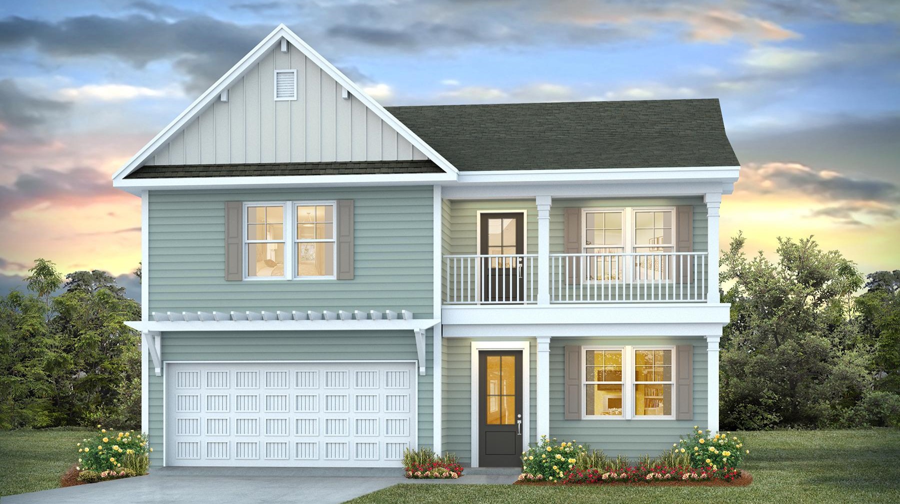 Double stack front porch and Hardie Plank siding on two-story home for sale in Chapin, SC